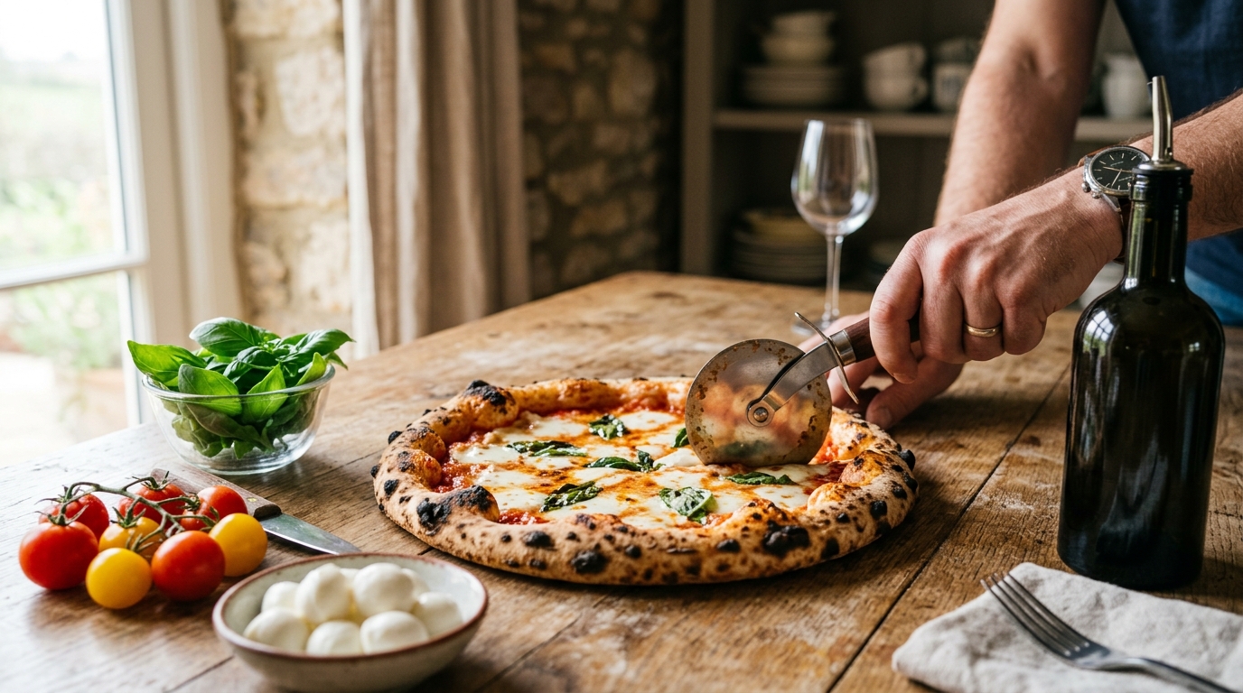 Ofenfrische Pizza auf Holzbrett